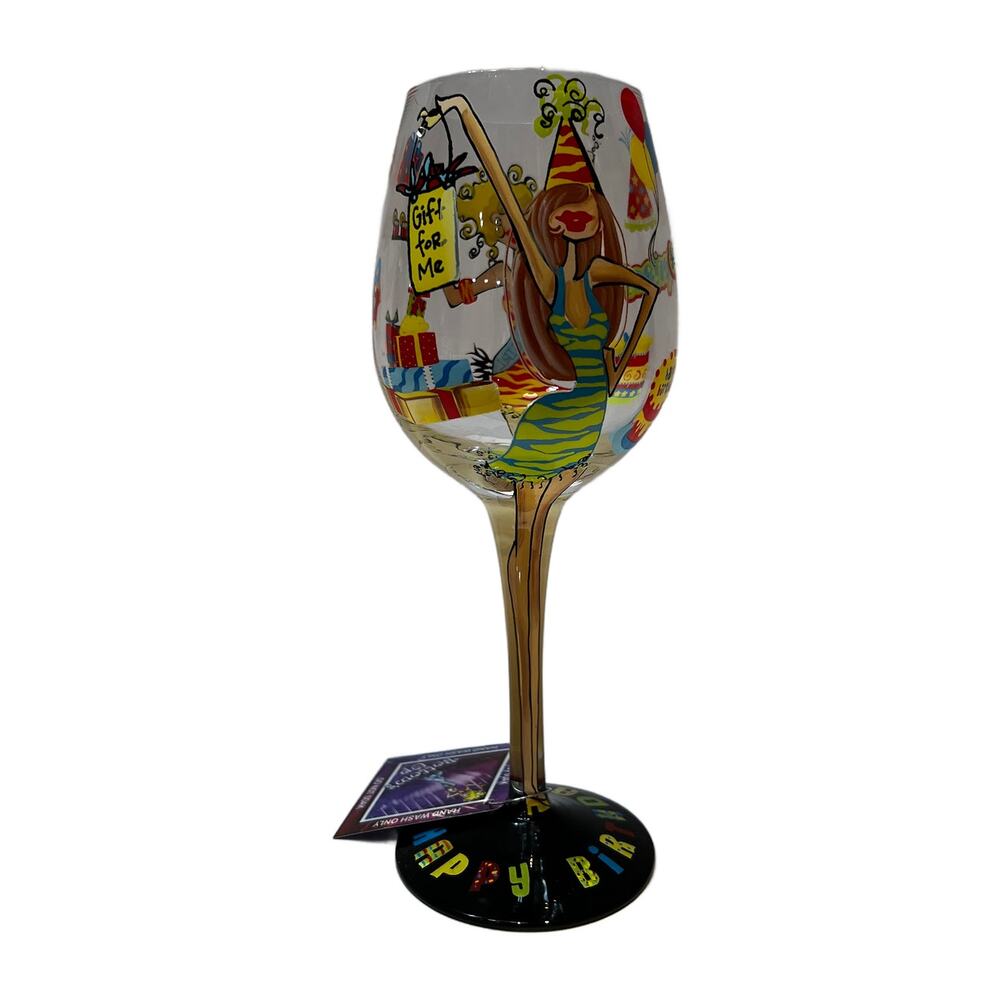 NWT Bottom's Up Handpainted Birthday Girl Large Wine Glass 9"